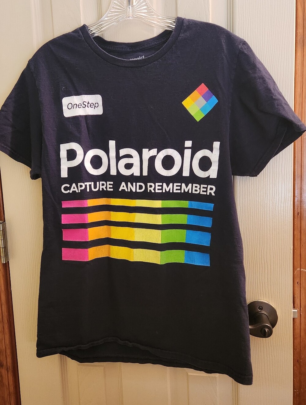 Classic Polaroid Black graphic Tshirt Pride special rainbow logo stripes Sz M